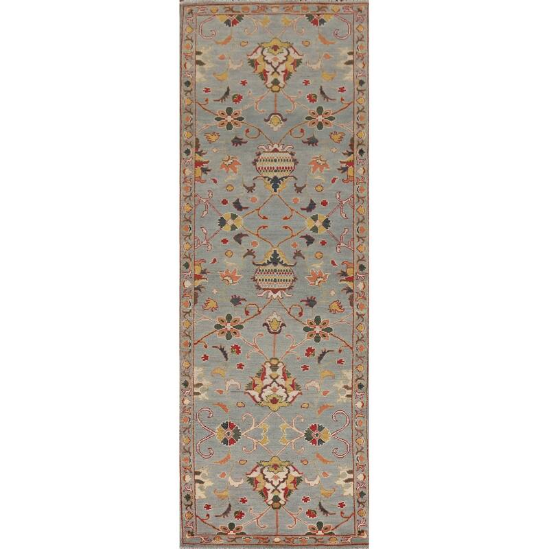 Light Blue Oushak Oriental Runner Rug Handmade Wool Carpet - 2'9" x 10'5"