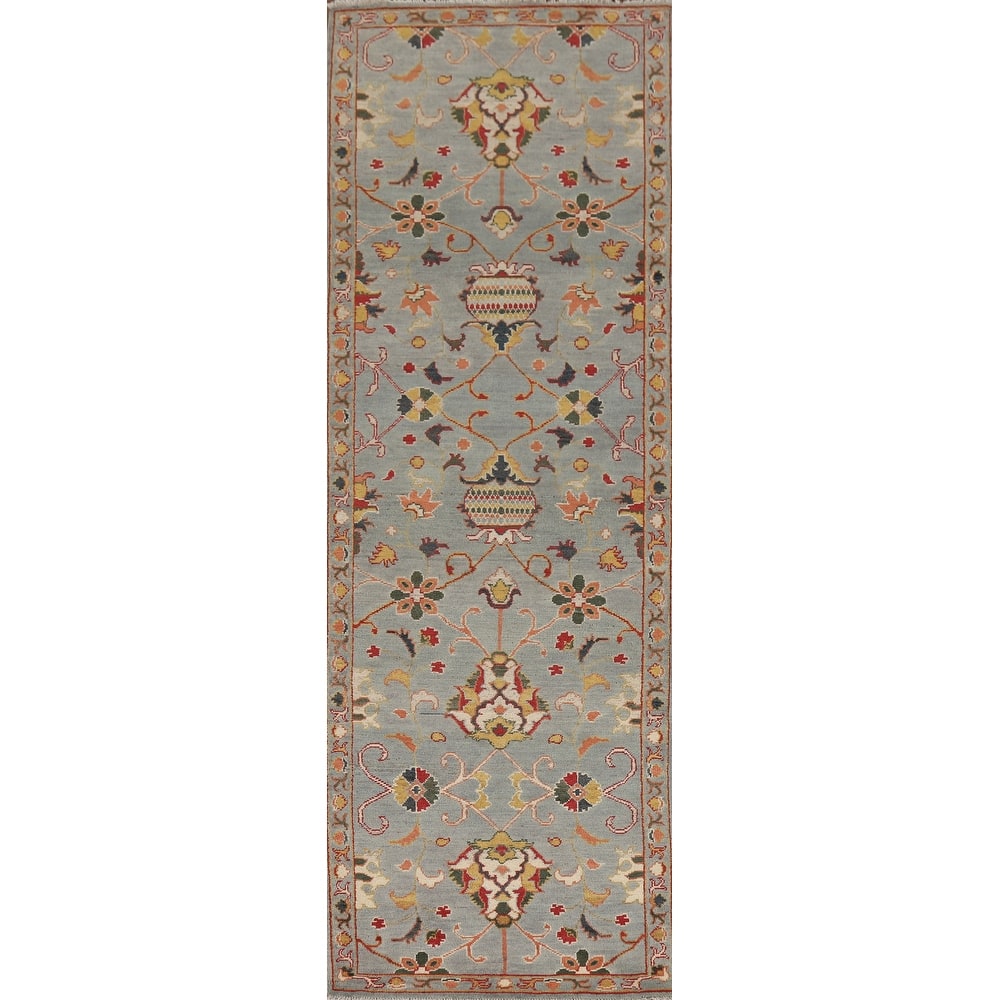Light Blue Oushak Oriental Runner Rug Handmade Wool Carpet - 2'9" x 10'5"