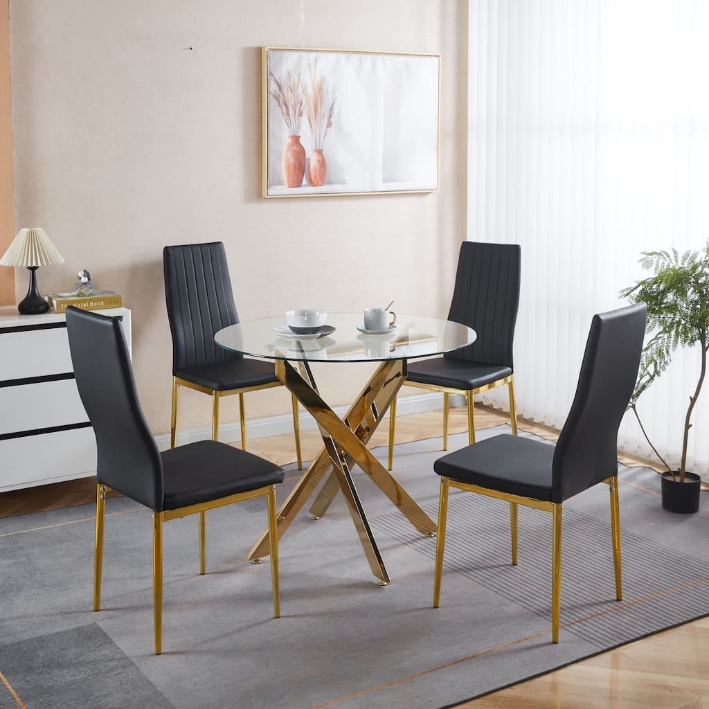 5 Pieces Dining Set, Table Metal Leg Mid-Century Dining Table for 4-6 People with Glass Table Top,Pedestal Dining Table