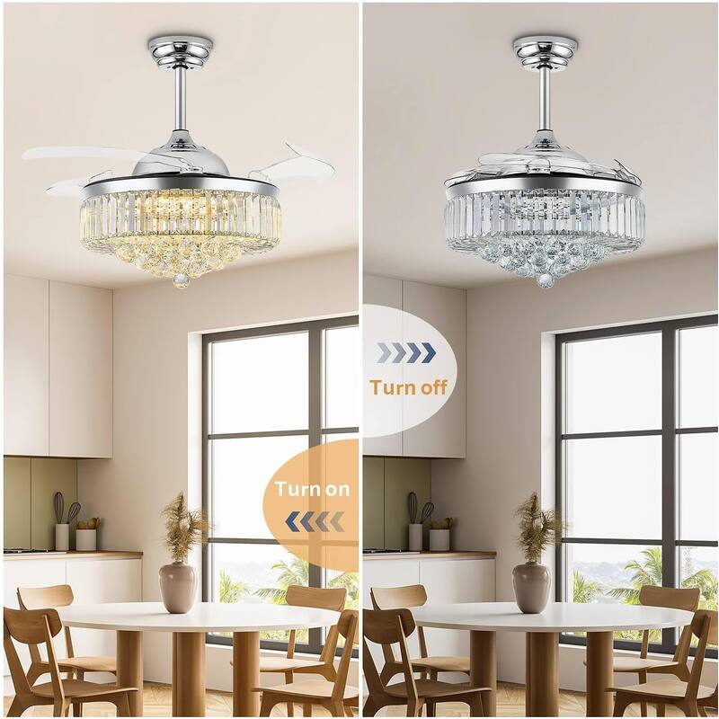 42" Fandelier Ceiling Fan with Light, Retractable Chandelier Fan LED Dimmable Crystal Ceiling Fan for Bedroom Living Room