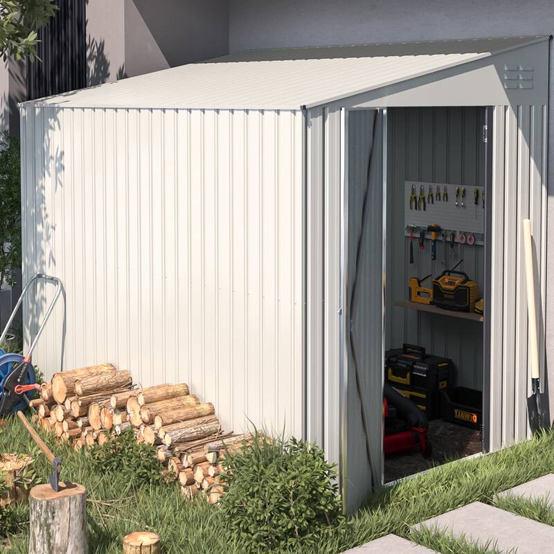 AECOJOY Outdoor Storage Side Shed Metal Attached with Lockable Door - 6' x 8' - White