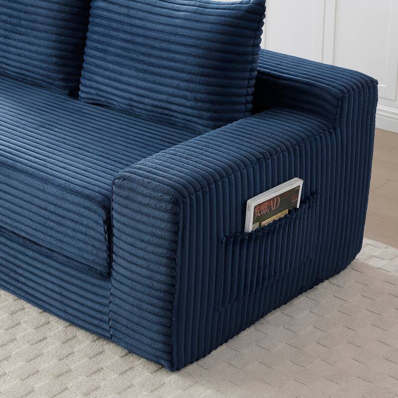 Floor Sofa Couch Blue Convertible Sofa Bed with Storage Pockets, Boneless Pull-Out Sofa Bed for Living Room