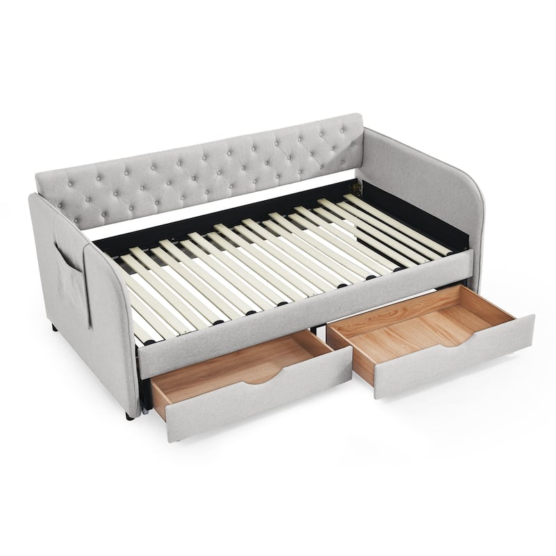 Roomfitters Twin Upholstered Daybed with Trundle, Underbed Storage and Flat Arms with Side Pocket, Extendable Design