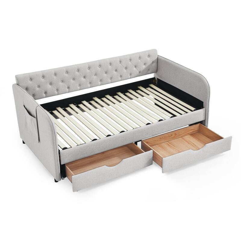 Twin Size Upholstery Daybed with Trundle Bed and Two Storage Drawers
