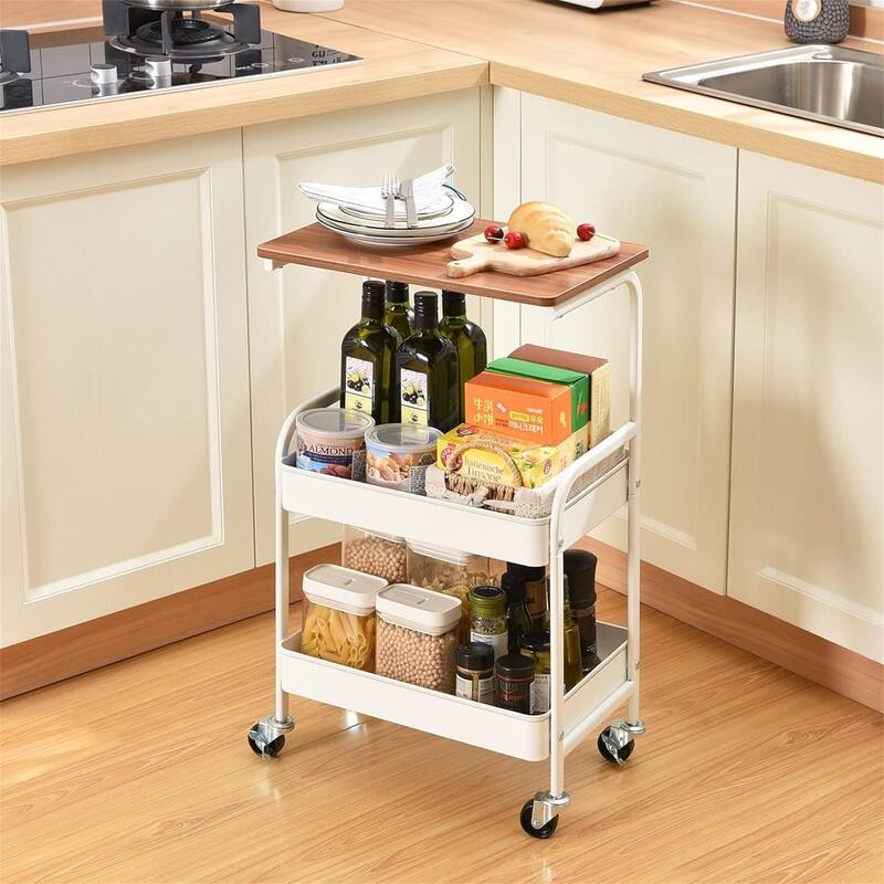 Utility Cart with Wooden Table Top 3 Tier Metal Rolling Storage Cart - 16"D x 8"W x 28"H - White