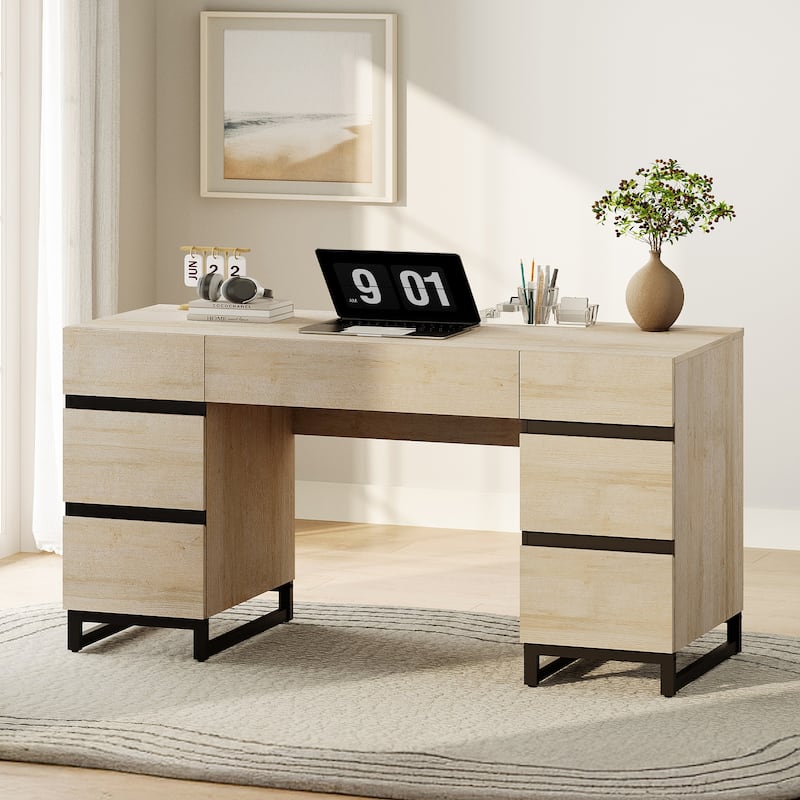 WAMPAT 59" Modern Executive Desk with Drawers & Charging Station, Wood Office Desk for Bedroom, Living Room, Home Office.
