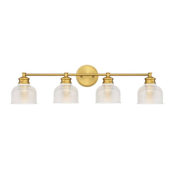 slide 2 of 12, Meridian M80036 4 Light 32" Wide Bathroom Vanity Light with Halophane Natural Brass