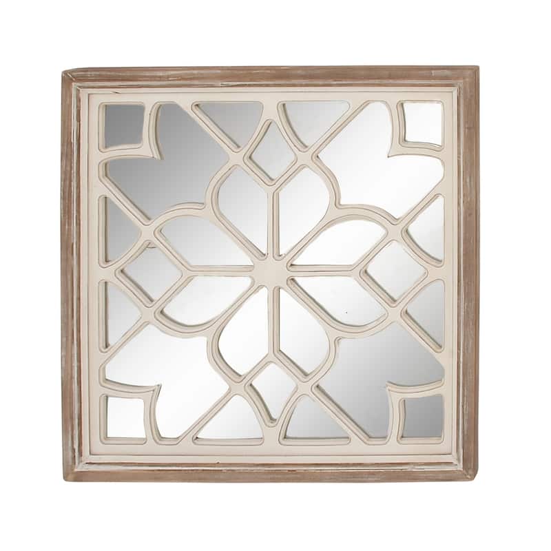 Wood Floral Wall Mirror with Carved Overlay and Brown Frame - White - Roche River Decor - 1"W x 30"L x 30"H