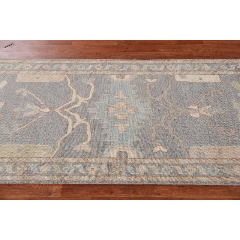 Hand Knotted Oriental 100% Wool Carpet Transitional Floral Greys & Charcoal Oushak Runner Rug - 11' 10'' X 3' 0''