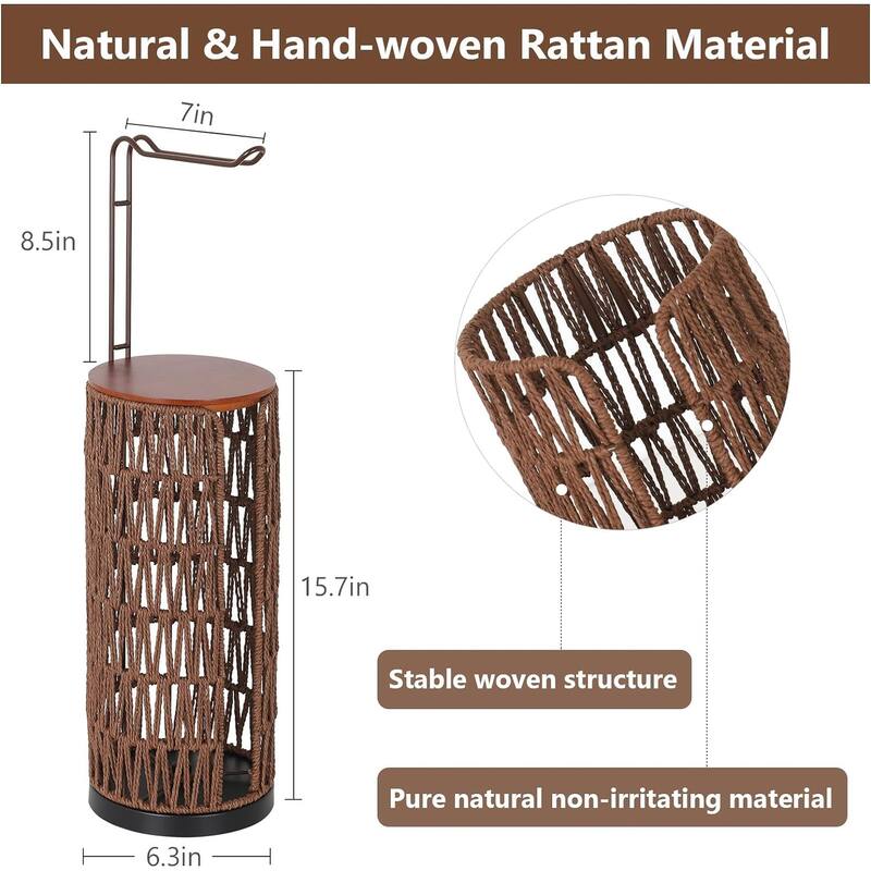 Freestanding Toilet Paper Holder with Storage,3 Rolls of Rattan Tissue Holder,Woven Toilet Paper Roll Holder Stand - Coffee