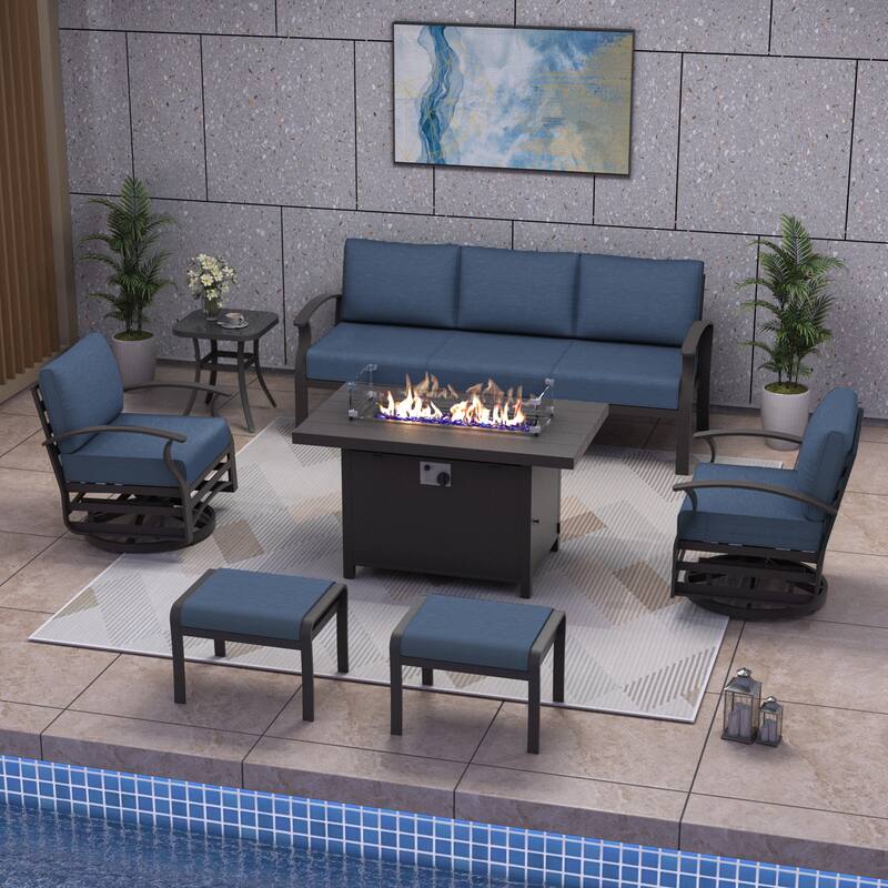 Aluminum Patio Furniture Set with Fire Pit, Ottomans & Rocking-Swivel Chairs, Modular Sofa with Thick Cushions