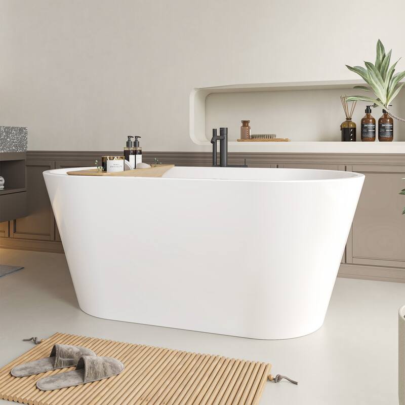 Vanity Art 54" Non-Slip Acrylic Freestanding Soaking Bathtub with Slotted Overflow & Pop-up Drain - 54/Soaking - White/Classic Chrome