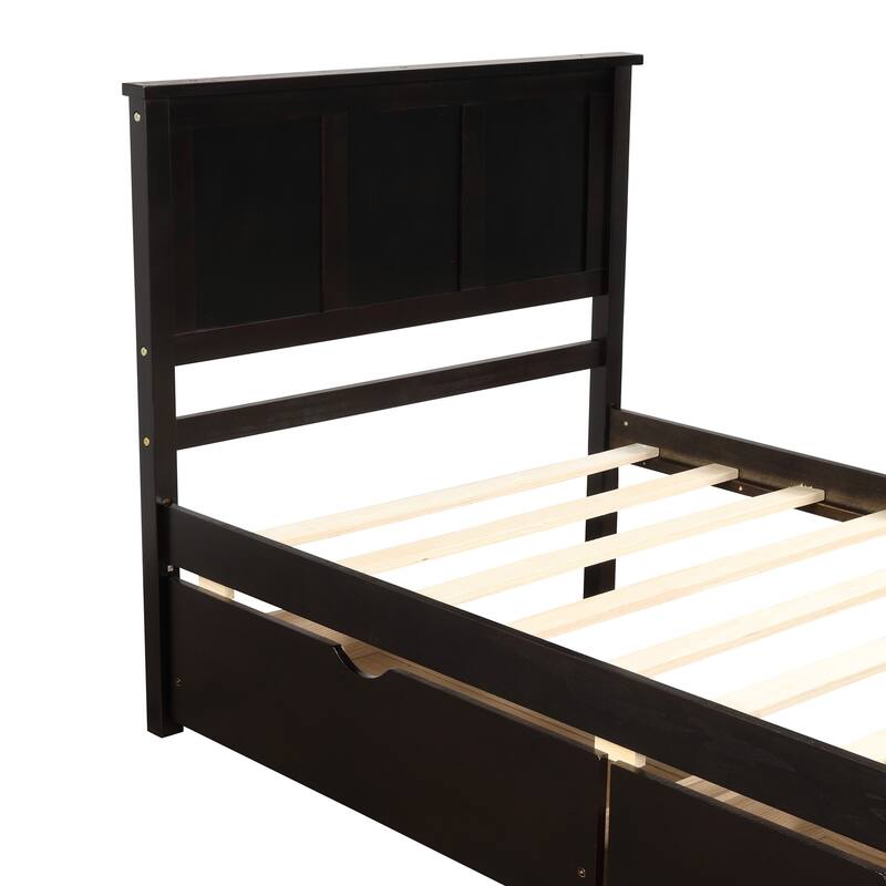Pine Wooden Bed Frame with Wood Slat and Wheels, Twin Size Platform Bed with 2 Drawers Storage Bed for Bedroom/Apartment