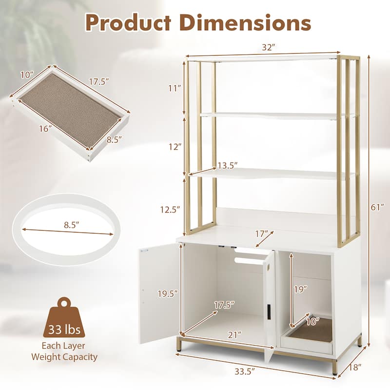 Gymax 61'' Cat Litter Box Enclosure w/ Storage 3-tier Shelves Side