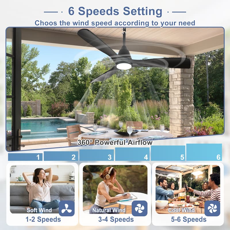 Outdoor Ceiling Fan with Light: Plug-in Hanging Fan, Remote App Control, 3CCT, 6-Speed