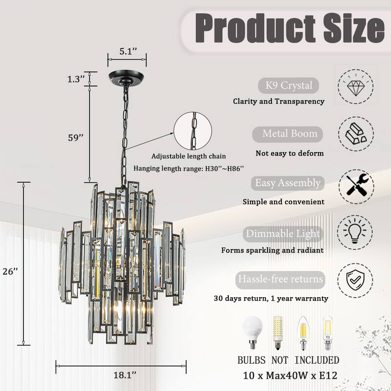 10-Light 18" Wide Modern and Contemporary Luxury Black Metal with Clear Crystal Chandelier for Dining Room, Living Room