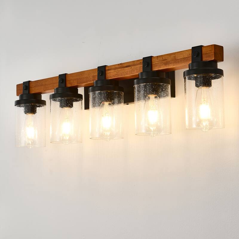 5-Light Matte Black +Wood Wall Lamps with Glass Lamp Shades (No Bulbs) For Bathroom Kitchen Dinning Room
