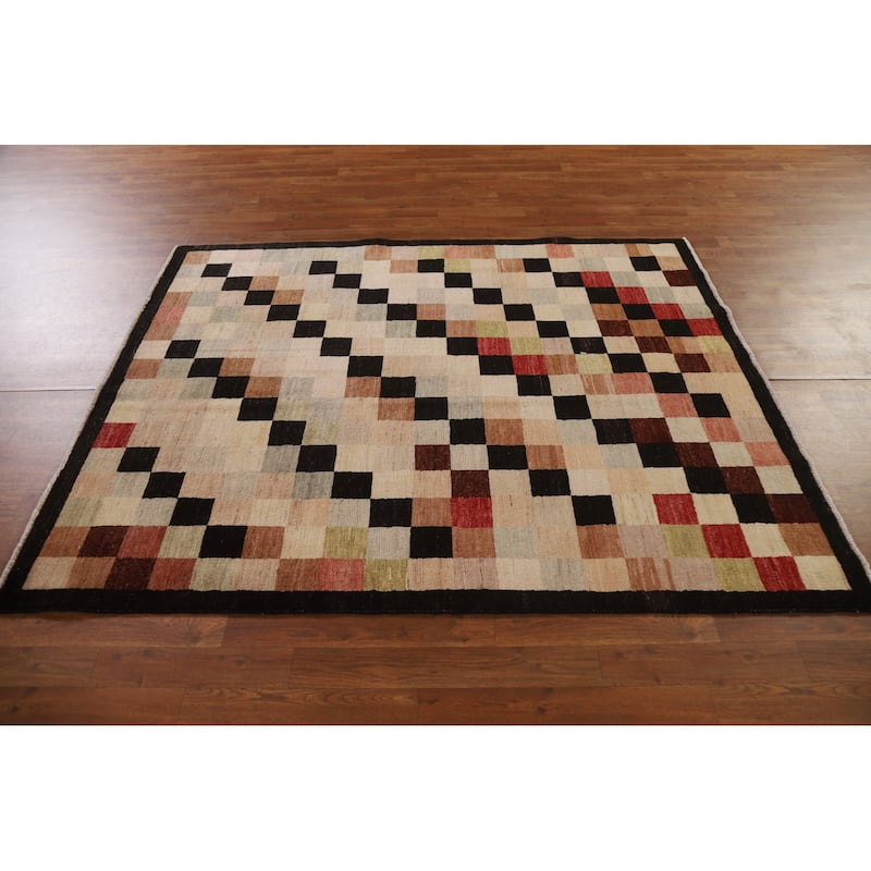 Modern Checkered Gabbeh Kashkoli Area Rug Hand-knotted Wool Carpet - 5'0" x 6'2"