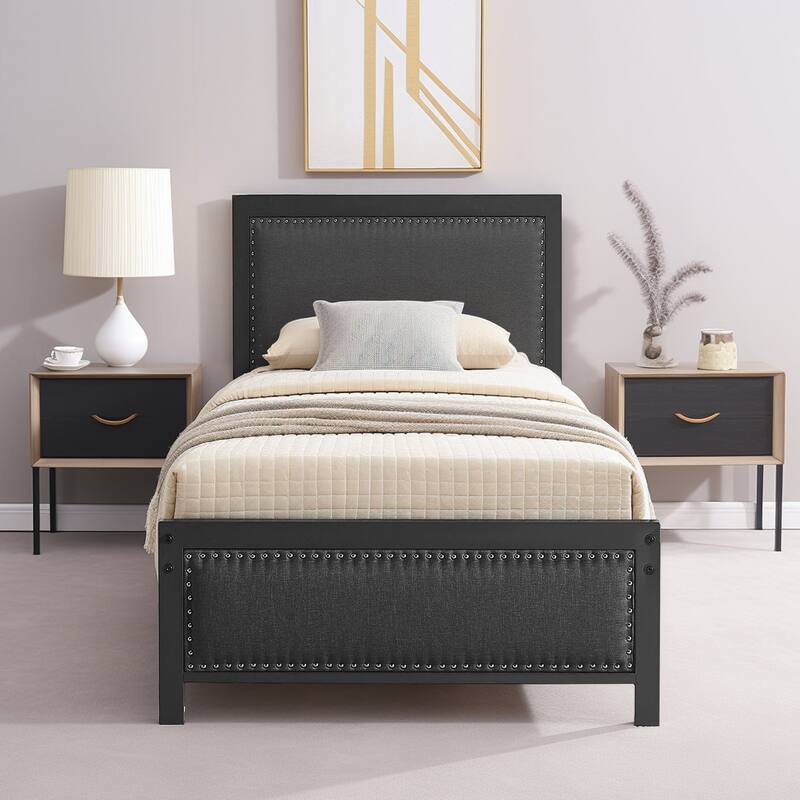 VECELO Upholstered Kids Bed with Headboard,Twin Size Bed Set of 2