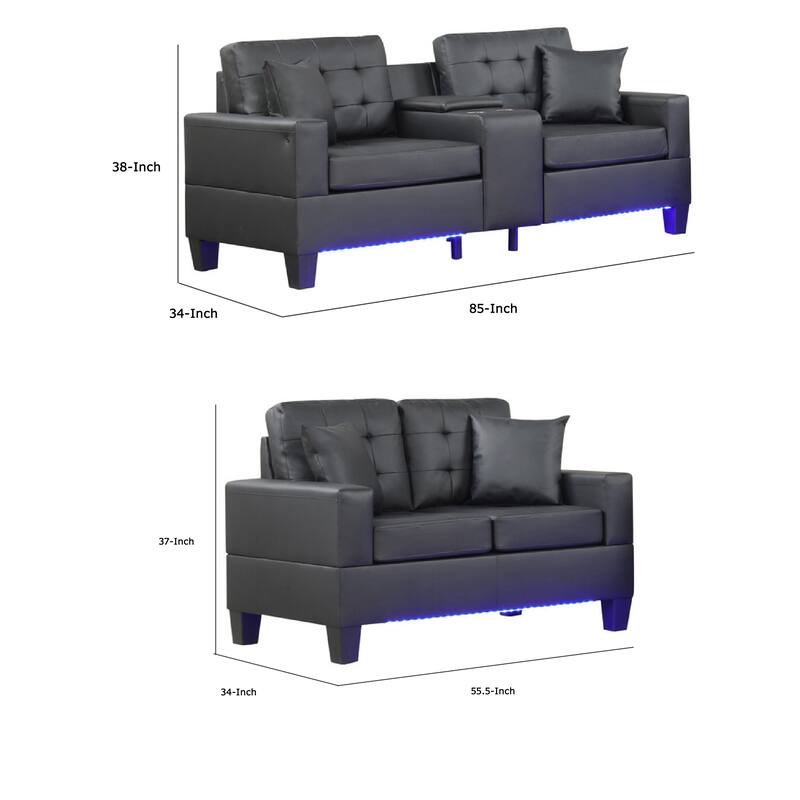 Iris Sofa and Loveseat Set, LED, USB, Cupholders, Black Faux Leather