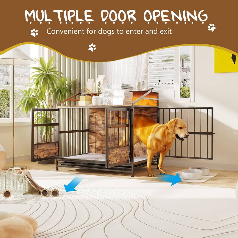 Dog Crates with Storage, Large Wooden Dog Kennel with Double Doors