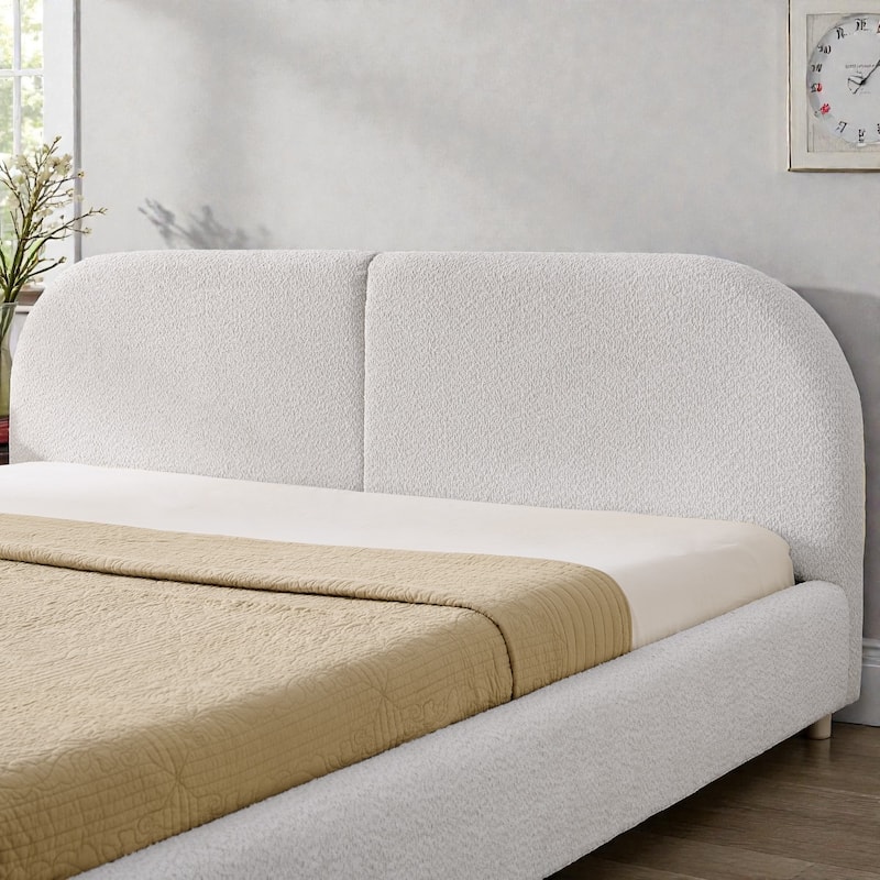Upholstered Bed Frame with Tall Curved Headboard, Premium Circle Yarn Fabric, Modern Minimalist Platform Bed