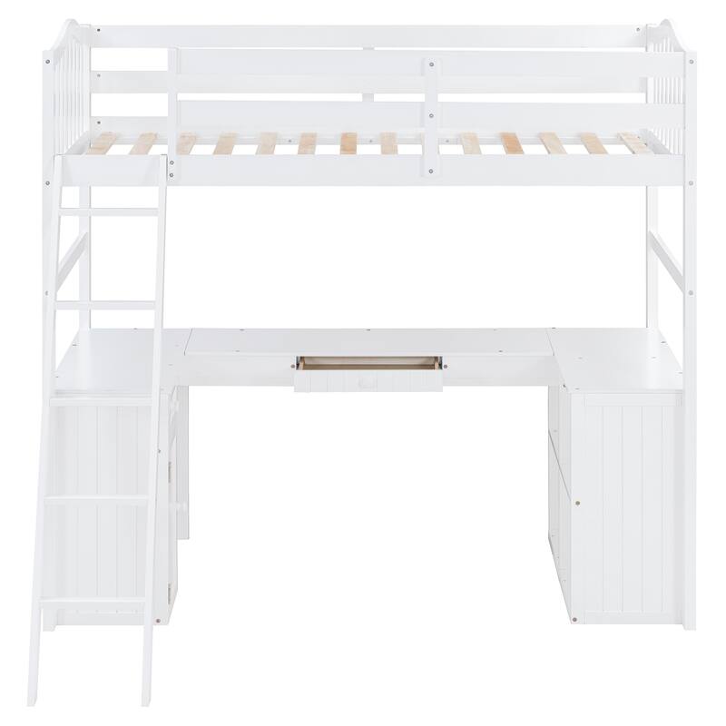 Roomfitters Twin Size Wooden Loft Bed with Desk, Cabinet, Shelves and Storage Drawers, White