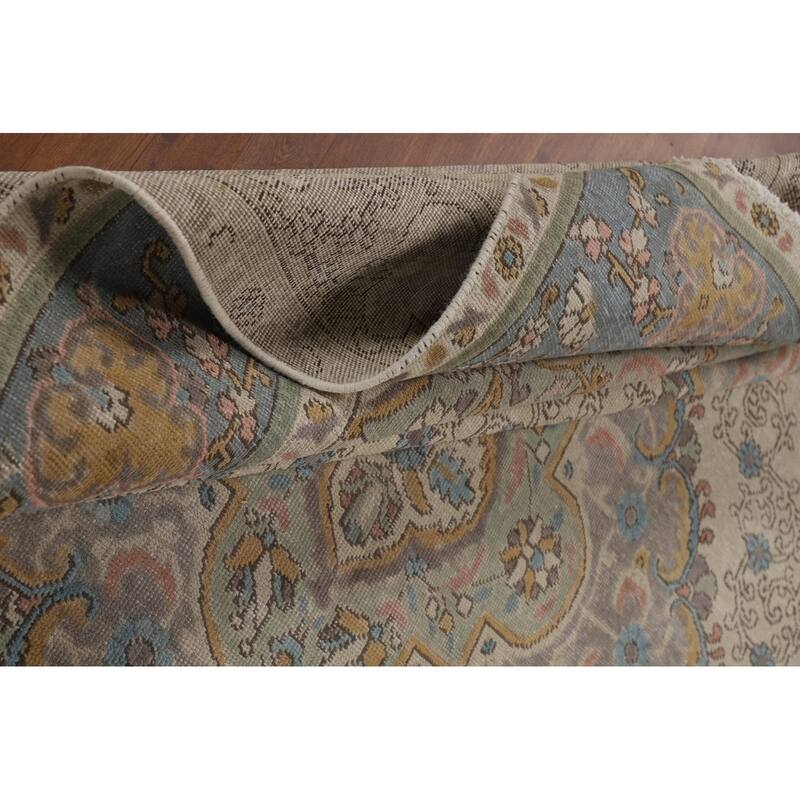 Geometric Tabriz Persian Area Rug Hand-Knotted Beige Wool Carpet - 9'10"x 12'6"