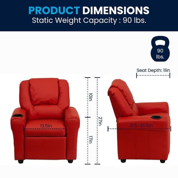 dimension image slide 4 of 10, Contemporary Kids Recliner with Cup Holder and Headrest - 24"W x 21.5" - 36.5"D x 27"H