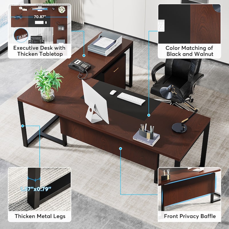 70.8’’ Executive Desk with File Cabinet, Large L-Shaped Office Executive Desk Computer Desk