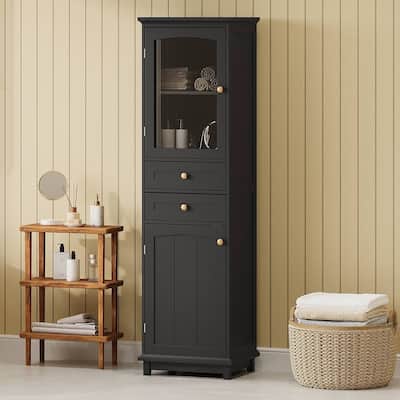 Bathroom Storage, Free Standing Tall Cabinet with Glass Door and Adjustable Shelves