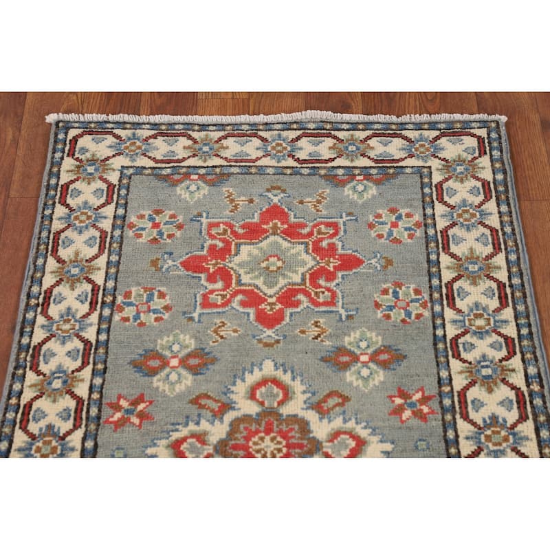 Gray Geometric Kazak Oriental Runner Rug Hand-Knotted Wool Carpet - 2'2" x 6'0"