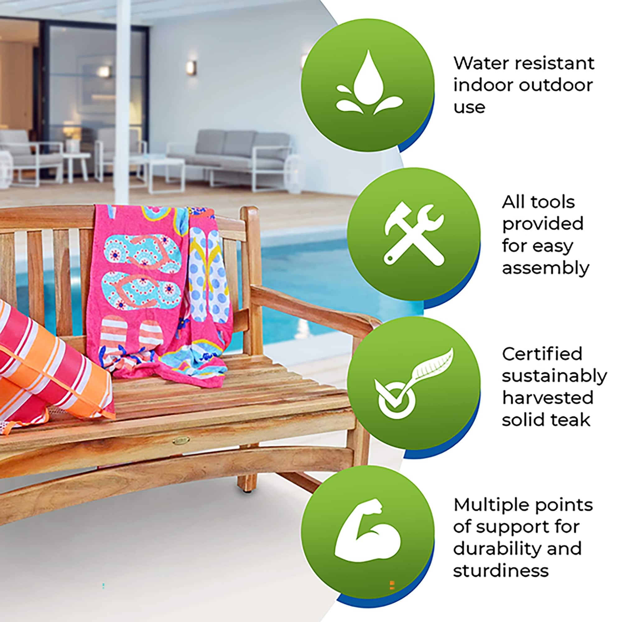 EcoDecors Kent Bench Natural Teak Wood Outdoor Garden Bench Patio Bench