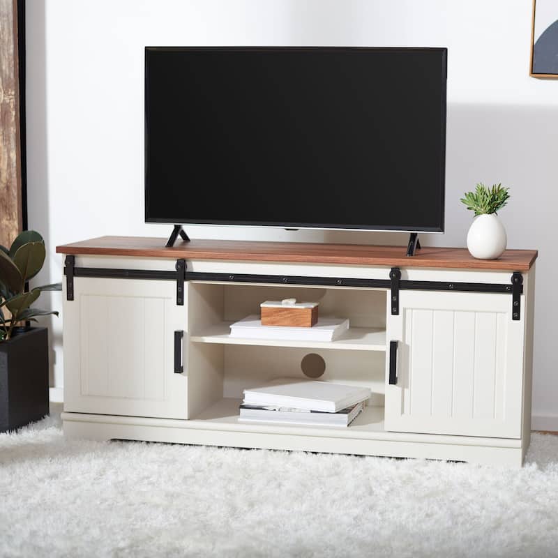 SAFAVIEH Braelynn White Washed/Walnut 55-inch Storage TV Media Stand - 55"W x 15"D x 24"H
