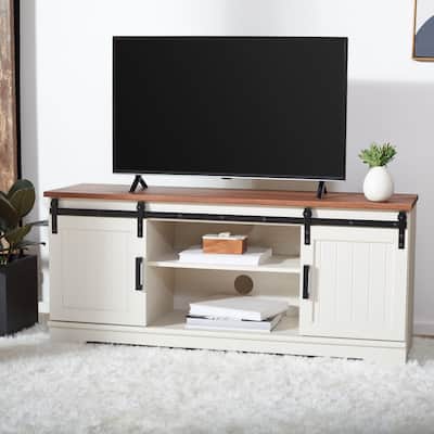 SAFAVIEH Braelynn White Washed/Walnut 55-inch Storage TV Media Stand - 54.8" W x 15.4" D x 24.2" H