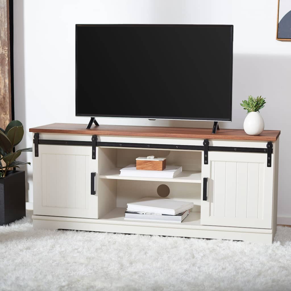 SAFAVIEH Braelynn White Washed/Walnut 55-inch Storage TV Media Stand - 55"W x 15"D x 24"H
