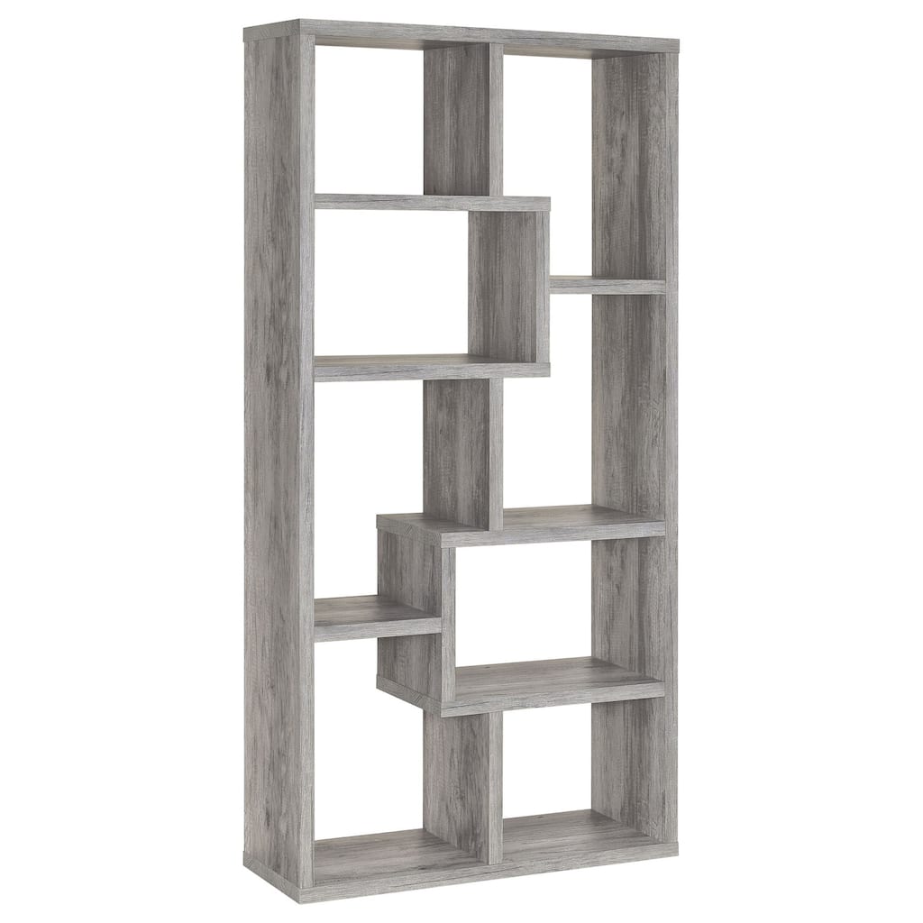 8-Shelf Staggered Bookcase Grey Driftwood Modern Open Storage Shelving Unit for Books and Decorative Display
