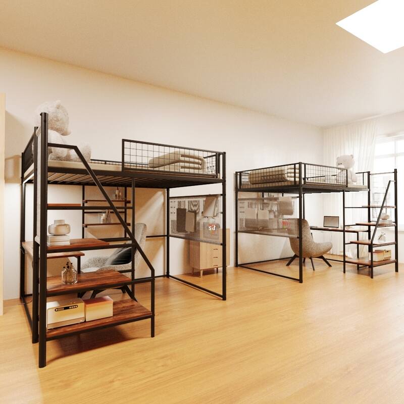 Full Size Loft Metal Bed with Built-in Desk, Charging Station, LED Lighting, and Storage for Bedroom and Dormitory