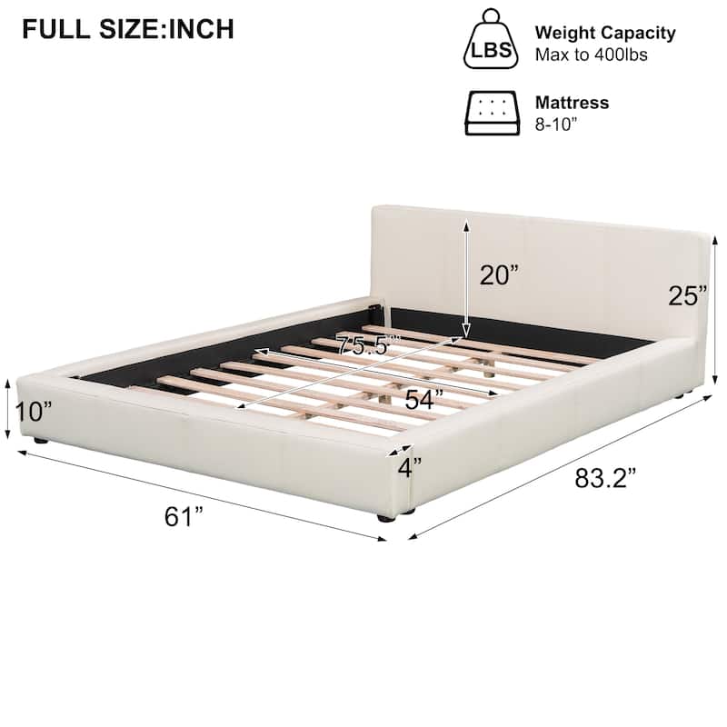 Modern Floor Bed Frame for Bedroom, Faux Leather Grounded Bed with Wood Slats Upholstered Platform Bed with Headboard for Adults
