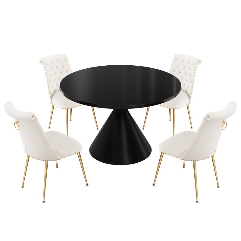 48" Light Luxury Black High Gloss Large Countertop Dining Table with Velvet Dining Chair Set - Beige
