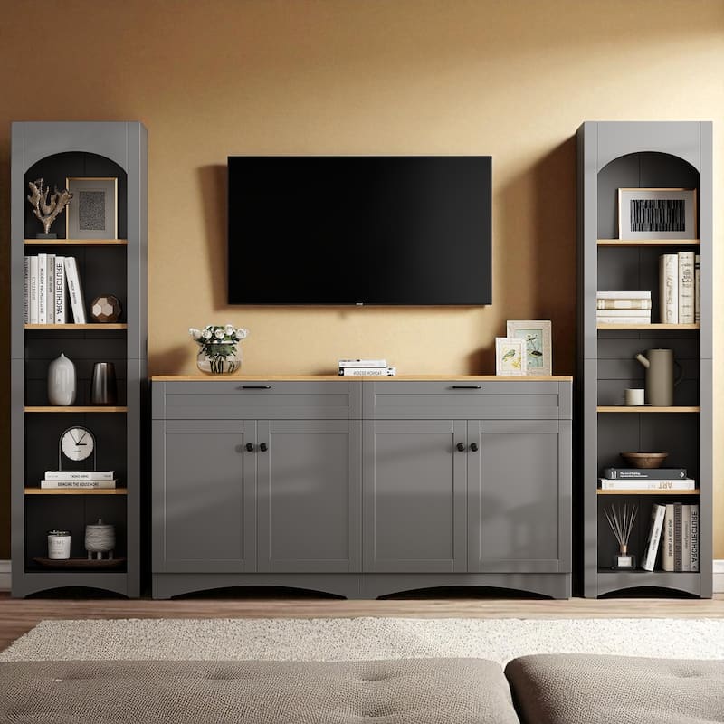 3-Piece Farmhouse Entertainment Center for TVs up to 70", Rustic TV Stand with Bookshelves and Sideboard, Adjustable Shelves - Grey
