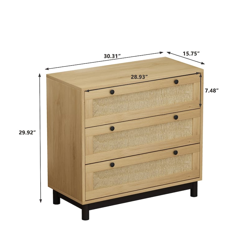 Modern Rattan Dresser, 30.31" 3-Drawers Rattan Storage Cabinet, Dresser for Bedroom, Rope Woven Drawer, Chest of Rattan Drawers