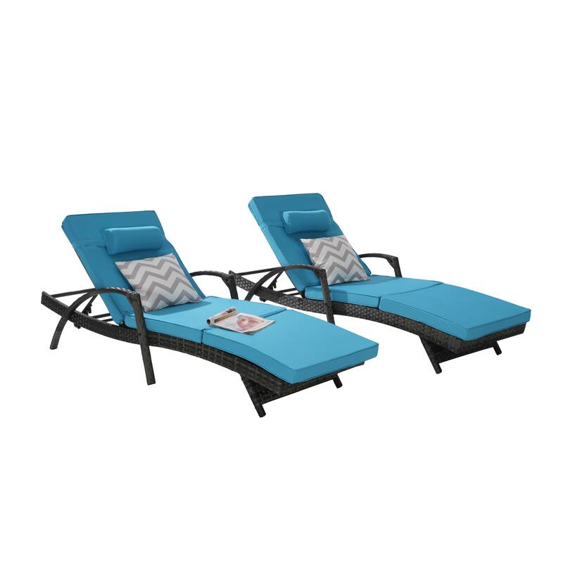 Outdoor Wicker Long Reclining Chair Set of 2, Lawn Sunbathing Chairs for Beach Poolside Garden