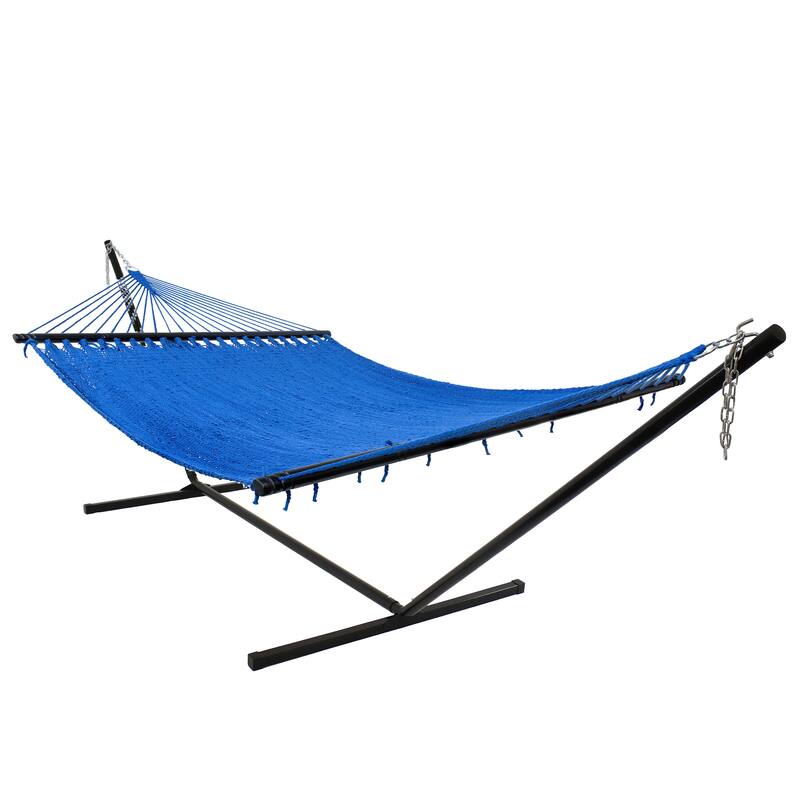 Sunnydaze 2-Person Soft-Spun Polyester Rope Hammock with Stand - Blue
