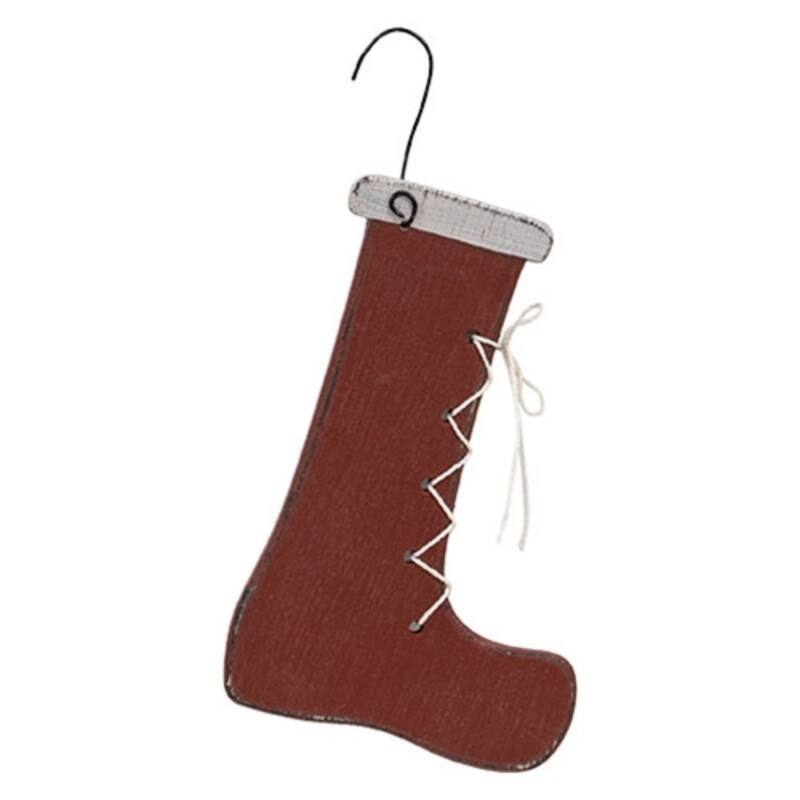 Distressed Red Santa Boot Wooden Christmas Ornament with White Laces and Wall Hanging Hook - 6" H x 4" W x .25" D