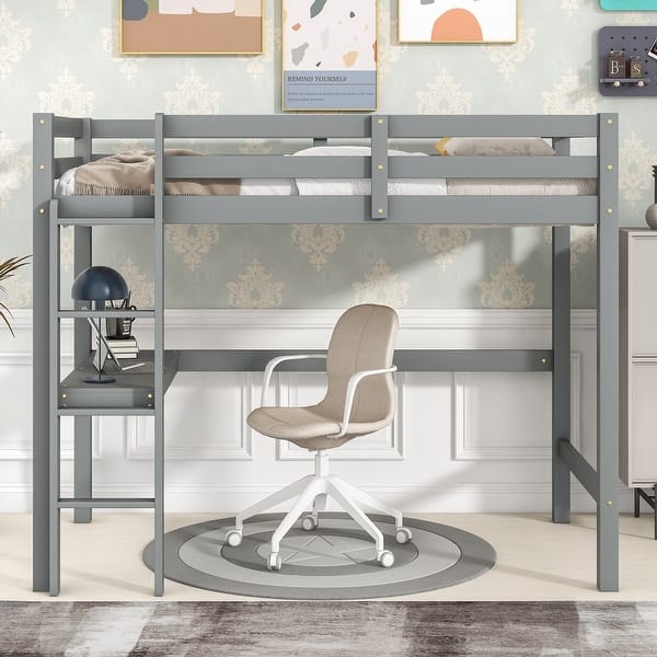 slide 2 of 8, Wooden Twin Size Loft Bed with Built-in Desk, Grey Grey - Twin