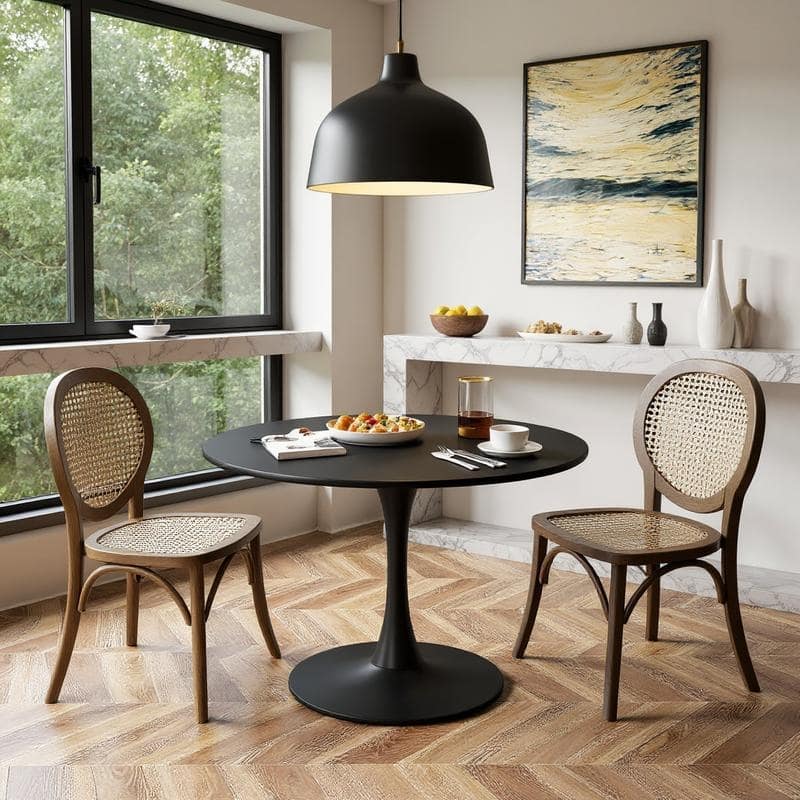 Grondin Mid-Century Modern Round Kitchen or Dining Table with Premium MDF Top and Steel Pedestal Base for Dining Room