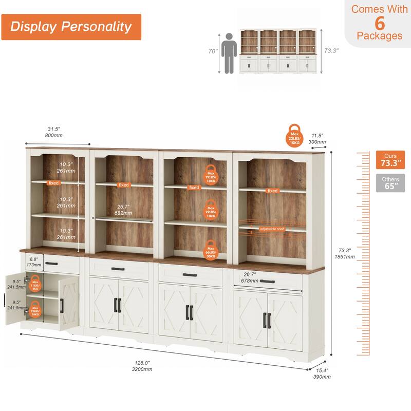 5 Tier 4-Column Bookshelf Set with Open Storage and Glass Doors