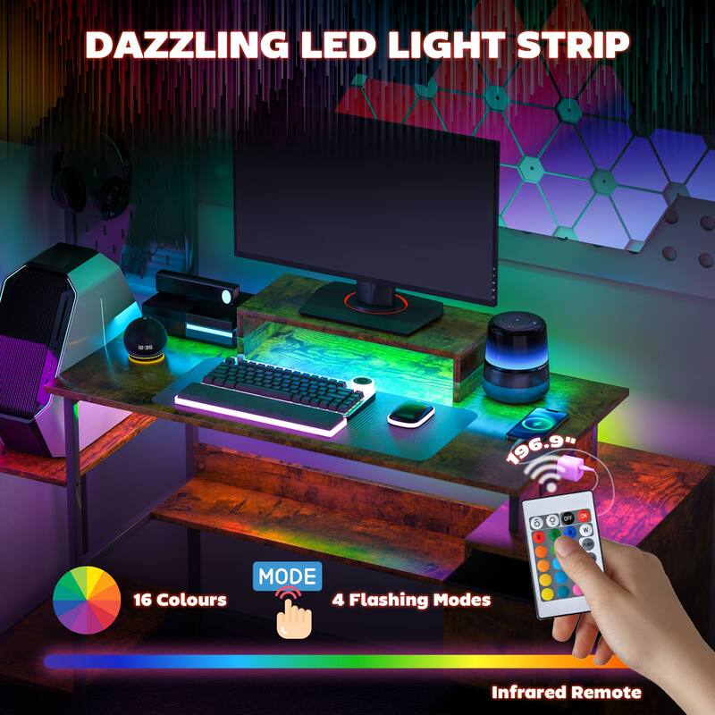RGB LED Lighted Gaming Desk with USB Charging Ports and Monitor Stand Storage Shelves