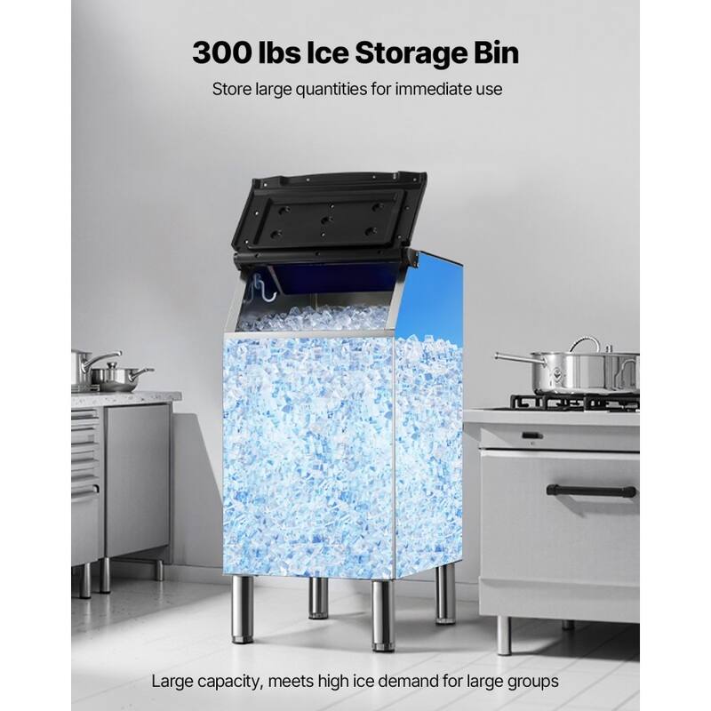 Silver-Black Stainless Steel Commercial Ice Maker Storage Bin 300lbs with Gravity Drainage and Insulated Casing